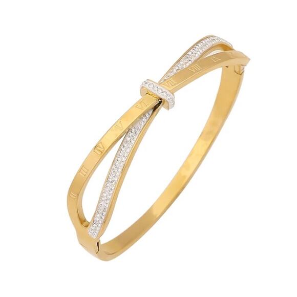 RETAIL $40 Gold & Rhinestone Roman Numeral Gold Bangle* NEW* Gold electroplate - Picture 1 of 1